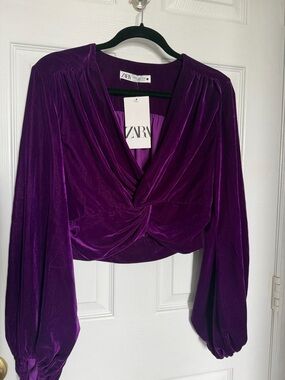 ZARA Purple Velvet Twist-Front Long Sleeve Crop Top